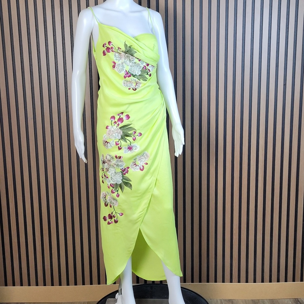 ASOS EDITION Wrap Midi Dress Floral Embroidered Lime Green Satin Draped 4 NWT - Picture 2 of 14